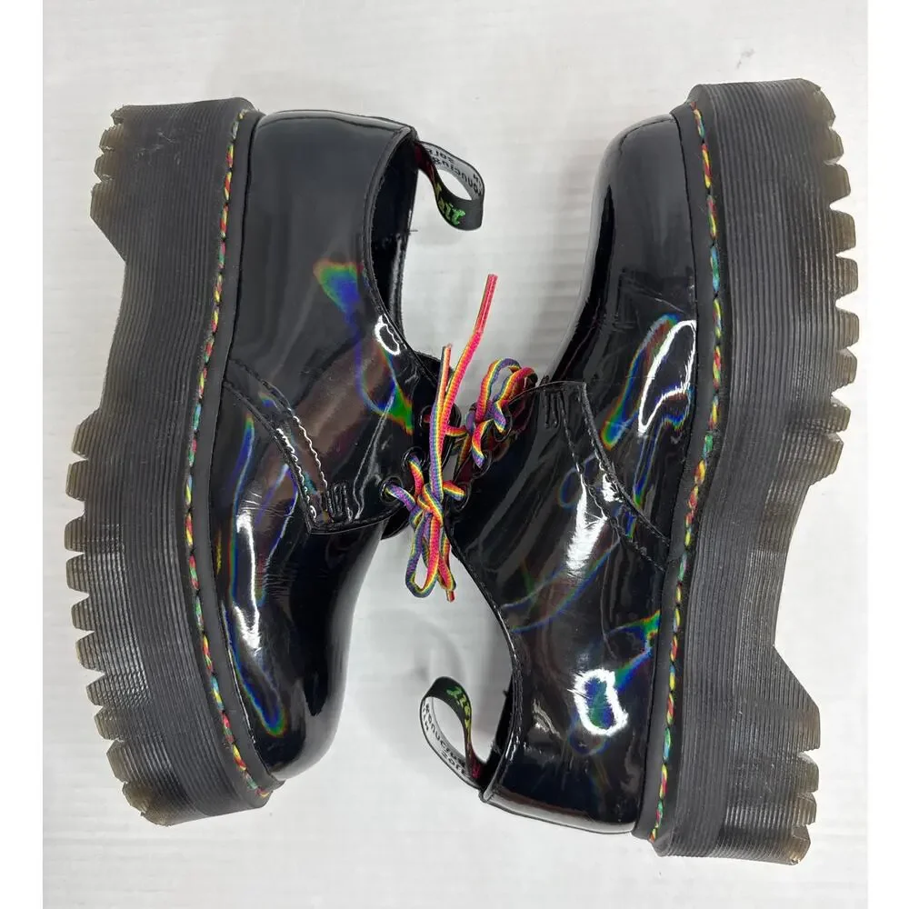 Dr. Martens 1461 Quad Rainbow Patent Platform Shoes black size 7 ladies 6 Men